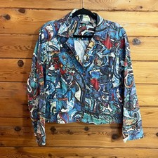 Chicos Cotton Linen Jacket Blue White Multicolor Pattern Size 2 large