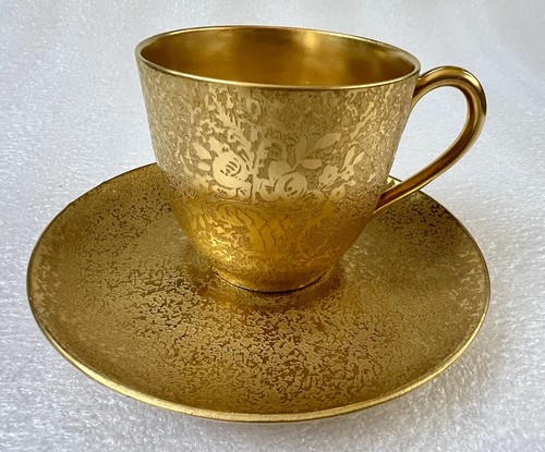 Rare Antique Hutschenreuther Selb Bavaria Gold Encrusted Demitasse Cup & Saucer