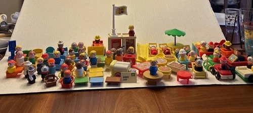 Vintage Fisher Price Little People Lot 46 Figures Some Wood Body & 64 Accessorys