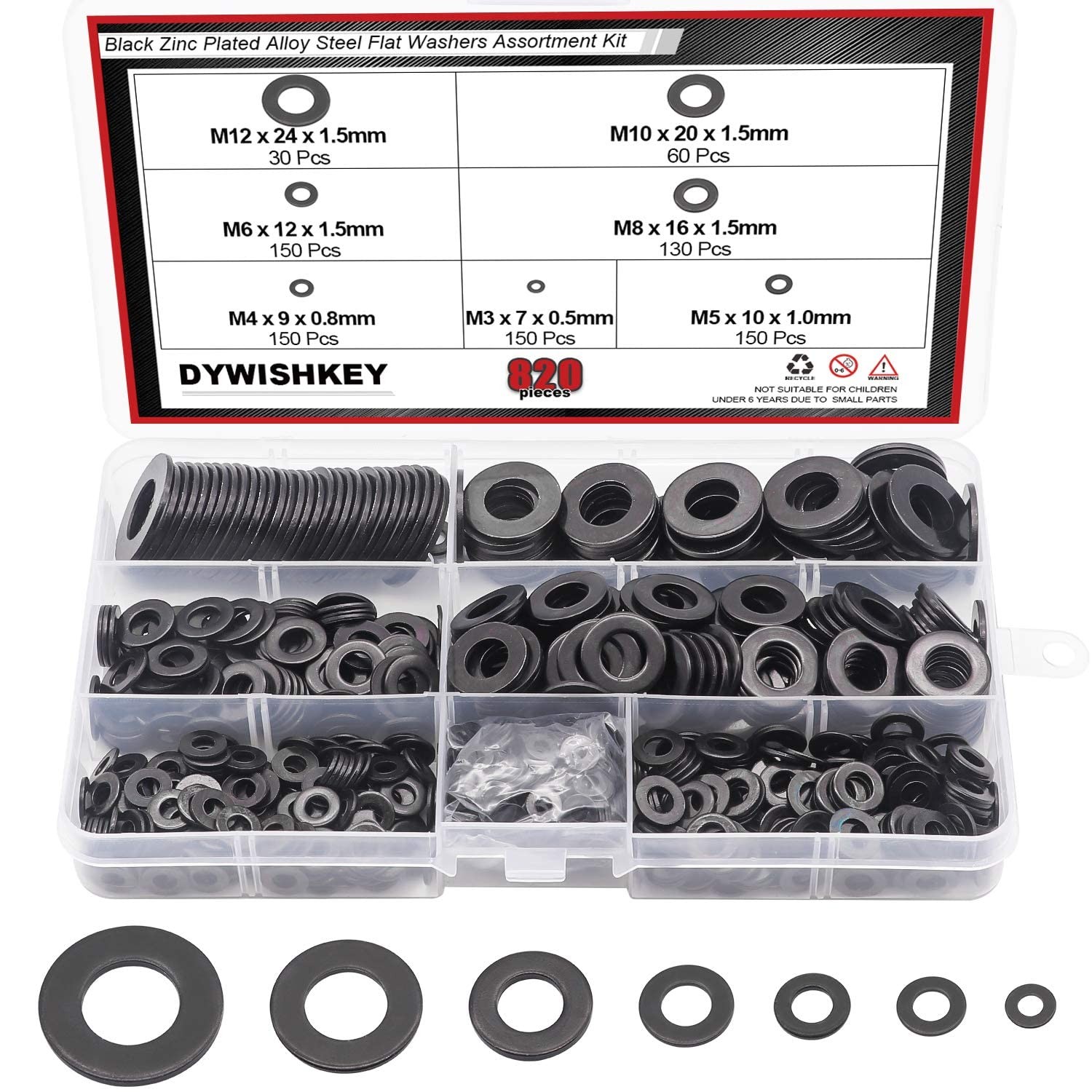 Dywishkey 820pcs Black Zinc Plated Steel Flat Washers Kit in 7 Sizes M3 M4 M5 M6 M8 M10 M12