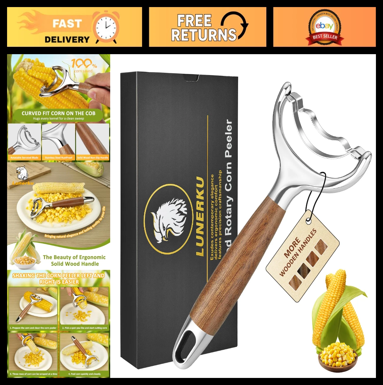 Durable Stainless Steel Corn Peeler Tool with Wood Handle - Perfect for Cooking