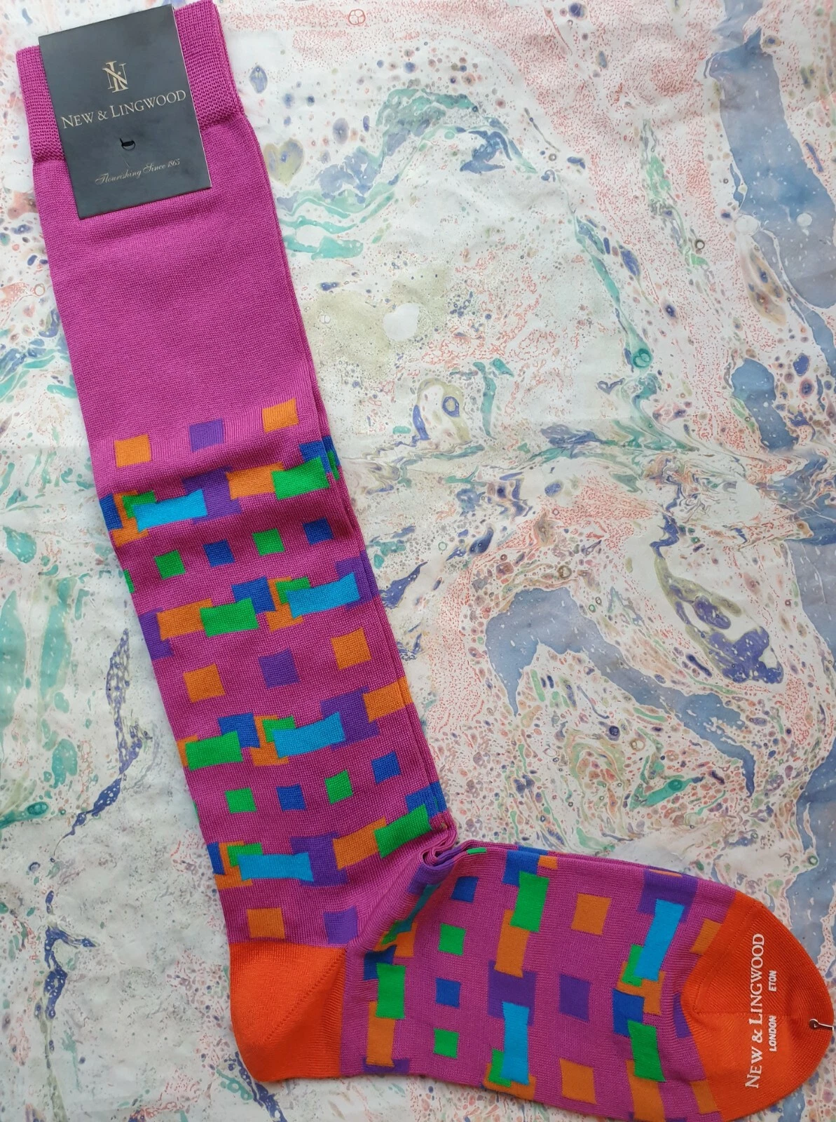 New & Lingwood Men's Medium Cotton Long Socks Italian Link Oblong Fuschia Multi