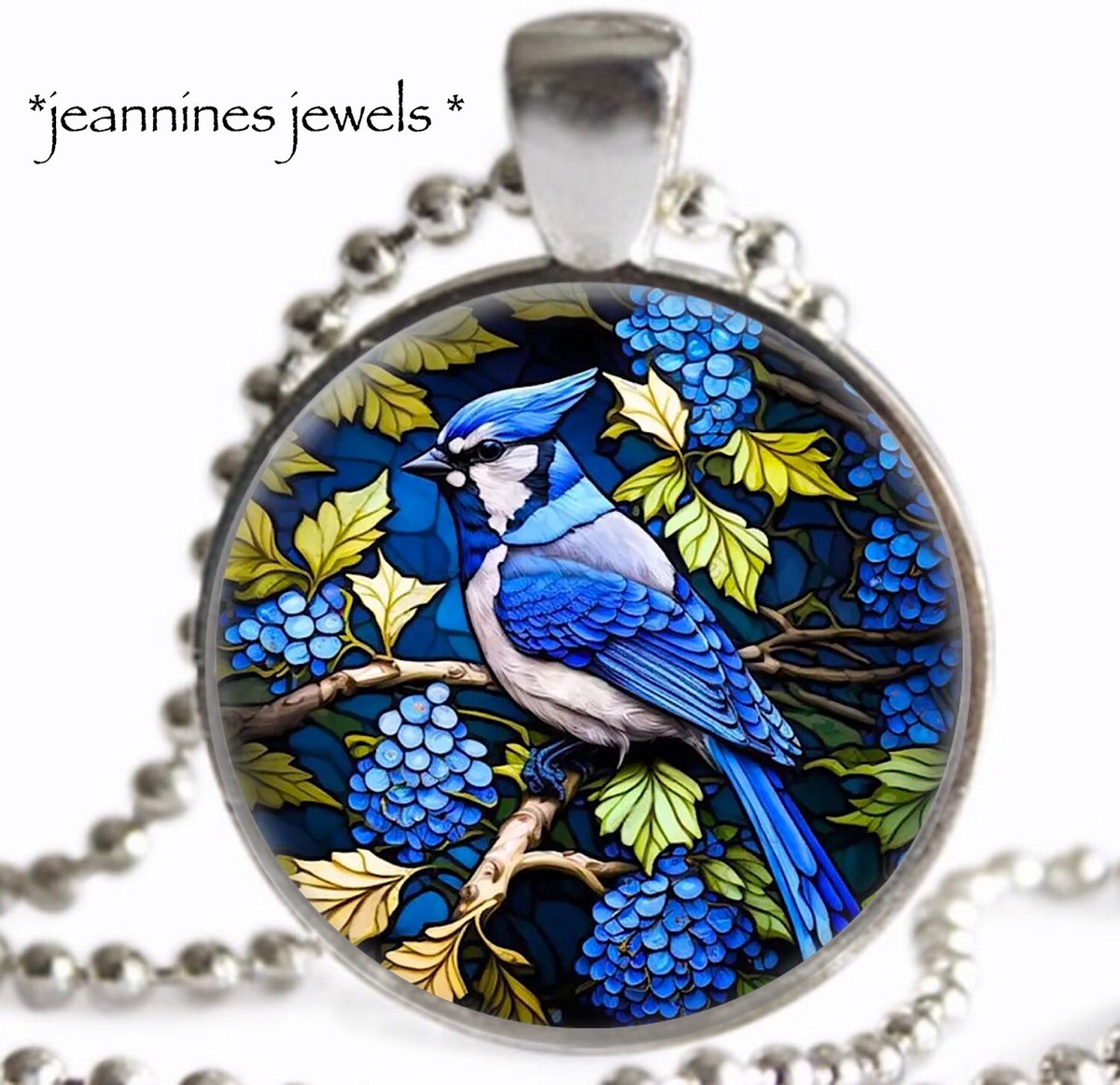 FAUX Stained Glass Art Print Blue Jay Bird NECKLACE Bird Watcher