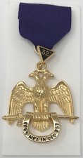 Scottish Rite 32nd Degree Jewel in Gold Tone with Purple Ribbon Made in the USA