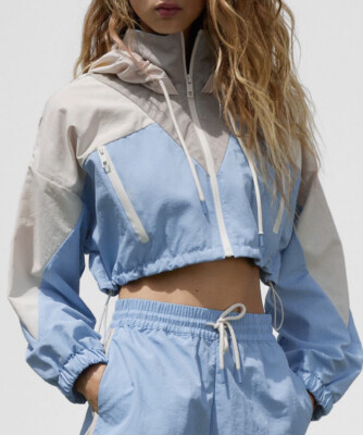 Zara Combination Color Block CroppedRaincoat Blue Beige Jacket Sz