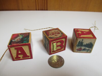 3 Wood Block Christmas Holiday 1'' Hanging Ornaments Letters Illustrations Taiwan