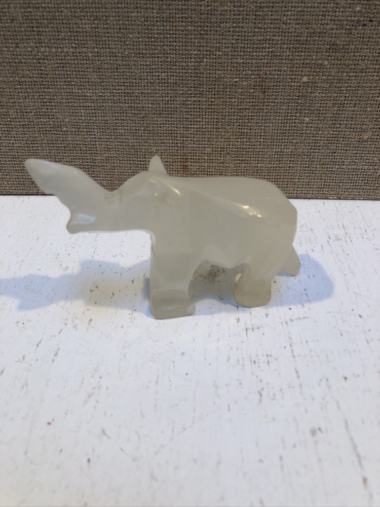 Vintage Marble/Quartz Stone Elephant Hand Carved Figurine Trunk Up 3