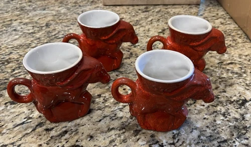 Lot Set (4) Vintage FRANKOMA Pottery 1976 Bicentennial Red Democrat Donkey Mug