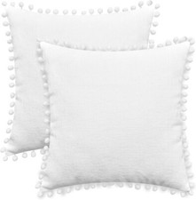 Pair 18 x 18 CHENILLE POM POM PILLOW COVERS  True White   A5