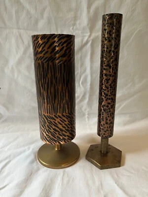 Vintage 60ties Allemagne Paire (2) Cuivre Main Forgé Métal 8.25” Vase Brutalism - Photo 1/4