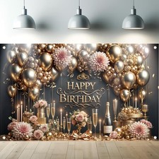 Starlit Patio Luxury Happy Birthday Backdrop Black Gold Party Decoration Elegant