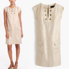 J. Crew Shift Dress 4 Linen Beige Gold Mini Coastal Grommet Career Modest NWT