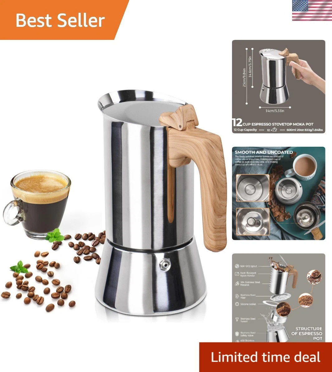 Coffee Maker Espresso Machine 12 Cup Stainless Steel Moka Pot Stovetop Brewer
