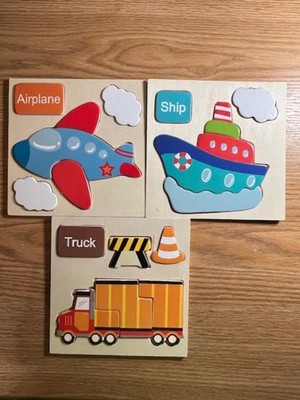 Vtg Greenbrier Int. wood puzzle of a Boat, Plane & Truck 6''x6'' age 1-3