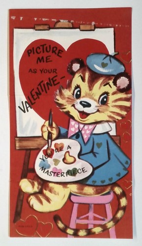 1960s Vintage Valentine Card Cute Artist Cat Painting Heart 6.75"h