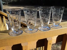 Vtg Etched Clear Glass Footed Floral Set Of 4  Juice Glasses 4.25"  "BEAUTIFUL"