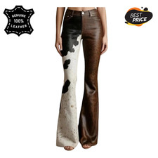 Women  s Hair-On Cowhide Leather Pants Real Cow Skin Western Bootcut Trousers
