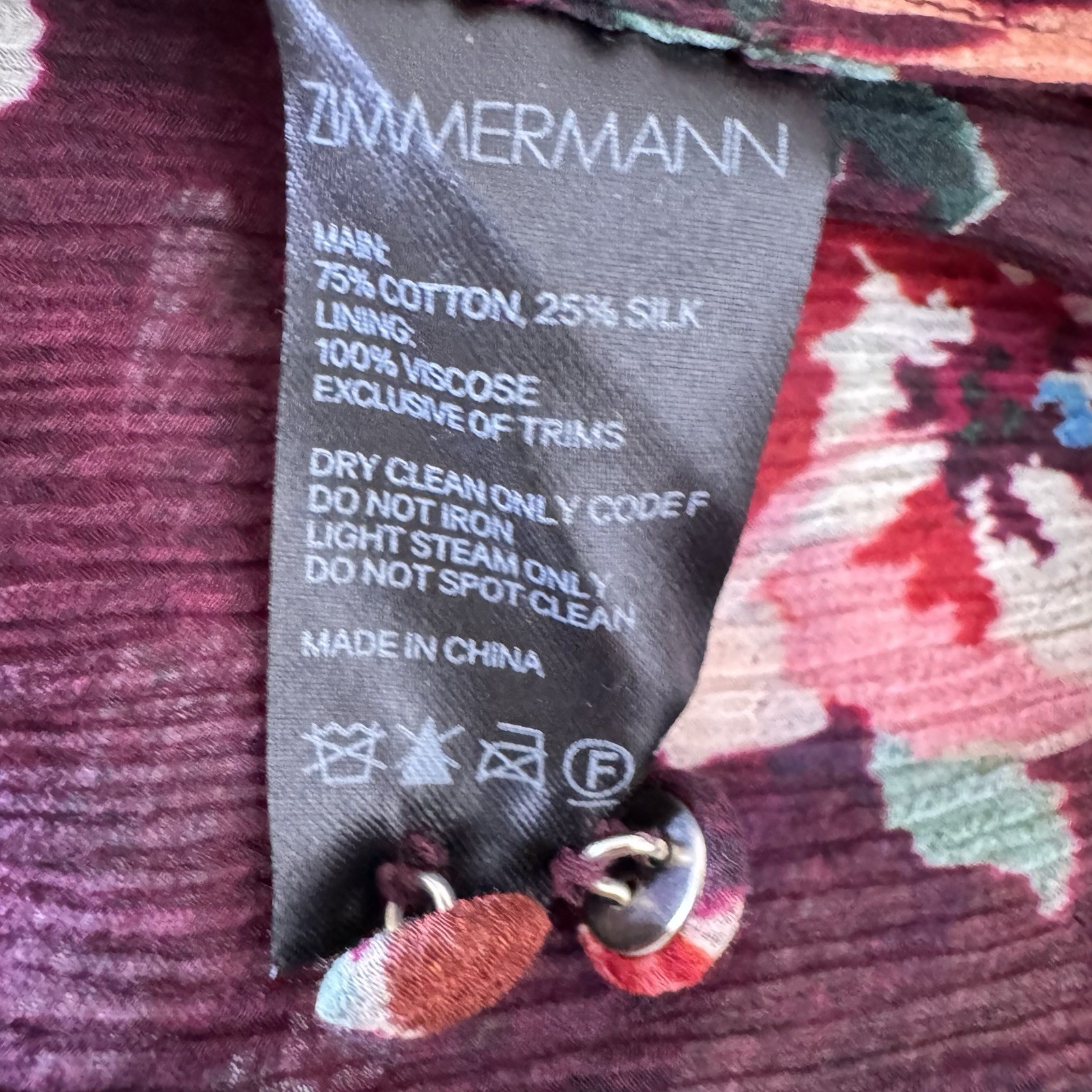 ZIMMERMANN Allia Shirred Long Dress Burgundy Floral Cotton Silk Size 4 / 8 UK 