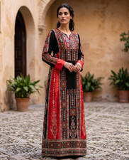 Palestinian Tatreez Thobe Red Satin Panel Embroidered Maxi Dress Abaya