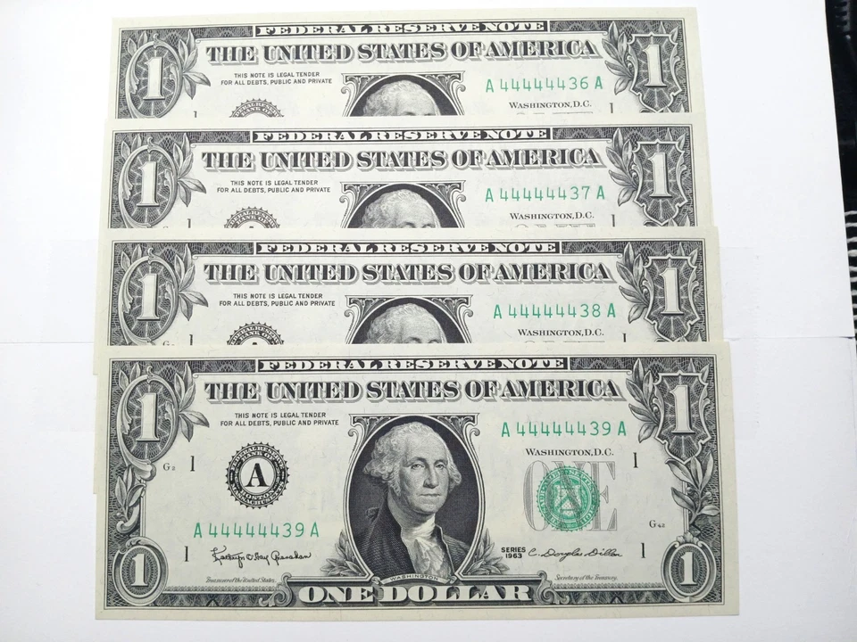 RARE lot of (4) UNC. 1 $ Bills in Sequential Order. leading 6 of a kind (4's) - Image 2 of 4