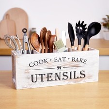 Large Acacia Wood Utensil Holder Kitchen Countertop 4 Compartment Caddy
