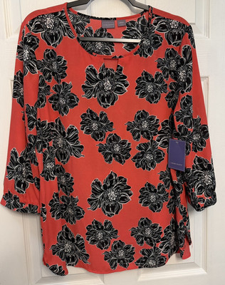 NEW with Tag Laura Scott Floral Keyhole Blouse Coral Black White XL