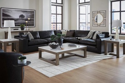 GENUINE Leather Black 132'' Wide Modular Sectional Contemporary Living Room Set