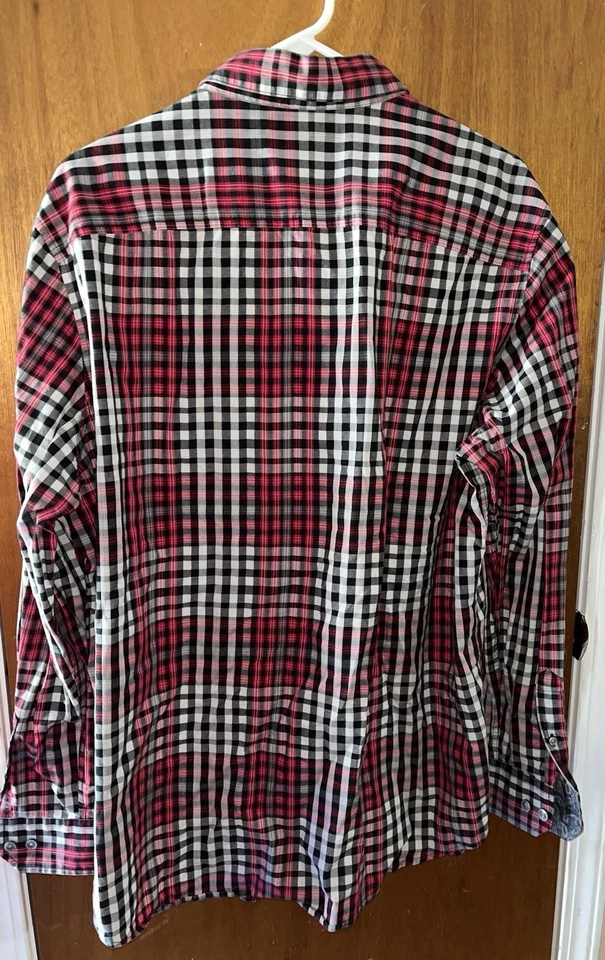 Tasso Elba 100% Cotton Gray Red Black  White Plaid Long Sleeve Dress Shirt XL - Image 2 of 3