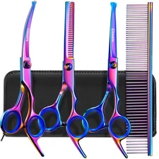 Dog Grooming Scissors Kit Professional 4CR with Safety Round Tip 5 in 1 Heavy...