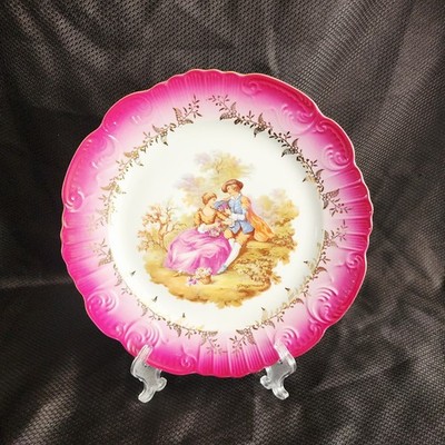 VA Portugal Courting Couple Plate Pink Boarder Gold Details Porcelain Fragonard 