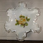 VTG FENTON MILK GLASS Silver Crest Ruffled Footed Dish HAND-PAINTED YELLOW ROSE