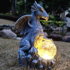 Solar Dragon Garden Statues Outdoor Decor, Resin Dragon Figurine with Solar