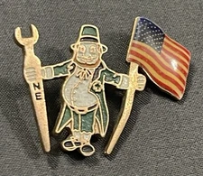 VTG Iron Workers Pin NE Union Lucky Leprechaun Holding Spud Wrench USA Flag
