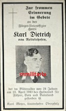 Sterbebild WWII Unteroffizier Reitelshofen 8./LG-1 Feindflug Schleswig 1940