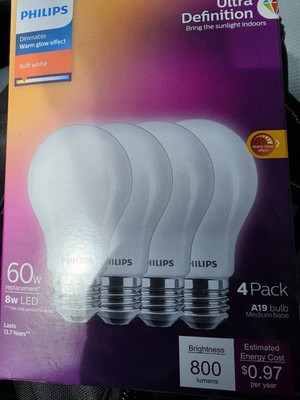 PHILIPS LED 60W A19 4-Pack Ultra Definition Daylight (5000K) 800 Lumen (8W =