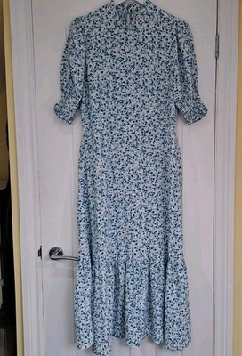M&S X Ghost hochgeschlossenes Tee-Kleid schickes Blumen Midikleid Gr. 12 Puffärmel 