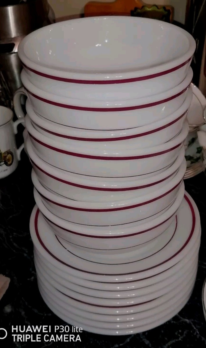 トレペバイキング Vtg 22 Pieces Pyrex / Corning Burgundy Stripes Restaurant Ware Set
