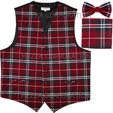 New Vesuvio Napoli Men's plaid Tuxedo Vest Waistcoat Bowtie Hankie set Red