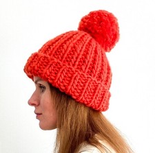 Chunky knit ribbed wool beanie with pom pom, Winter knitted hat