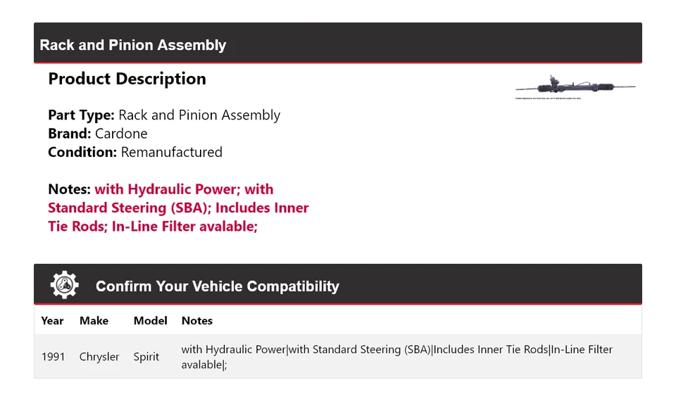 Conjunto de piñón y cremallera Chrysler Spirit 1991 cardone Foto 2 de 4