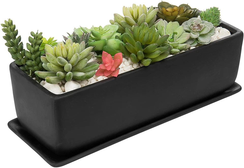 MyGift 14-Inch Rectangular Modern Ceramic Succulent Planter Pot, Matte Black - Image 2 of 4