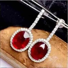 3Ct Oval Cut Lab-Created Red Ruby Halo Drop Dangle Earring 14K White Gold Plated