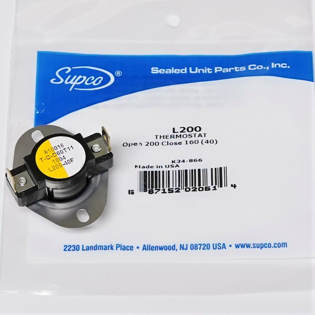 Supco L200-40. L200 Heater Limit Thermostat Thermodisc Open On