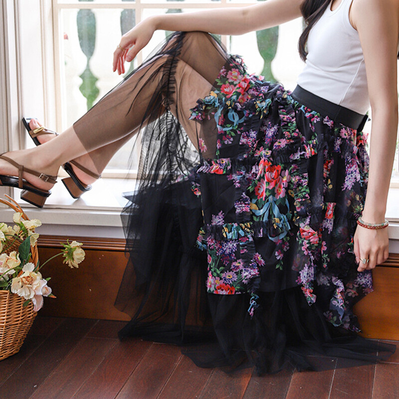 Mesh Skirt Floral Midi Skirt A Line Printed Tulle Skirt Fashion