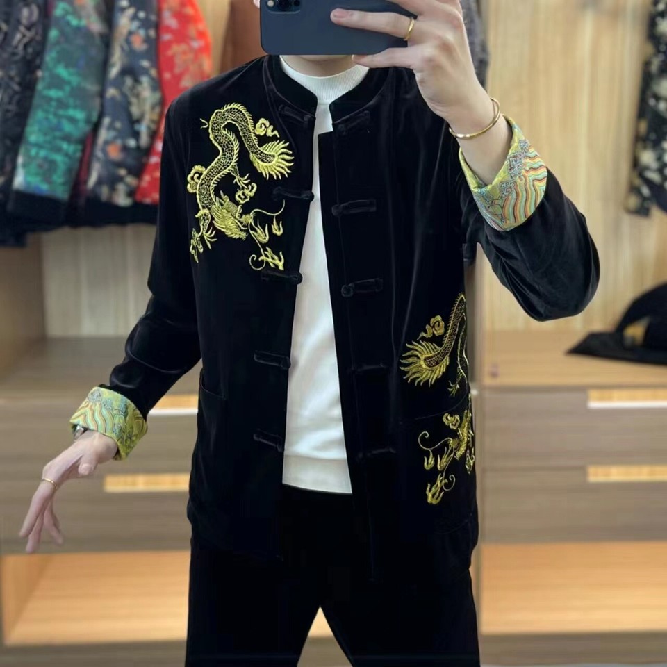 Men Fashion Black Longsleeved Embroidered Velvet Chinese Style Tang