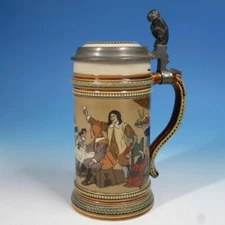 Mettlach Germany -  Antique ½L Beer Stein 2532 - Drinkers with Monkey Finial
