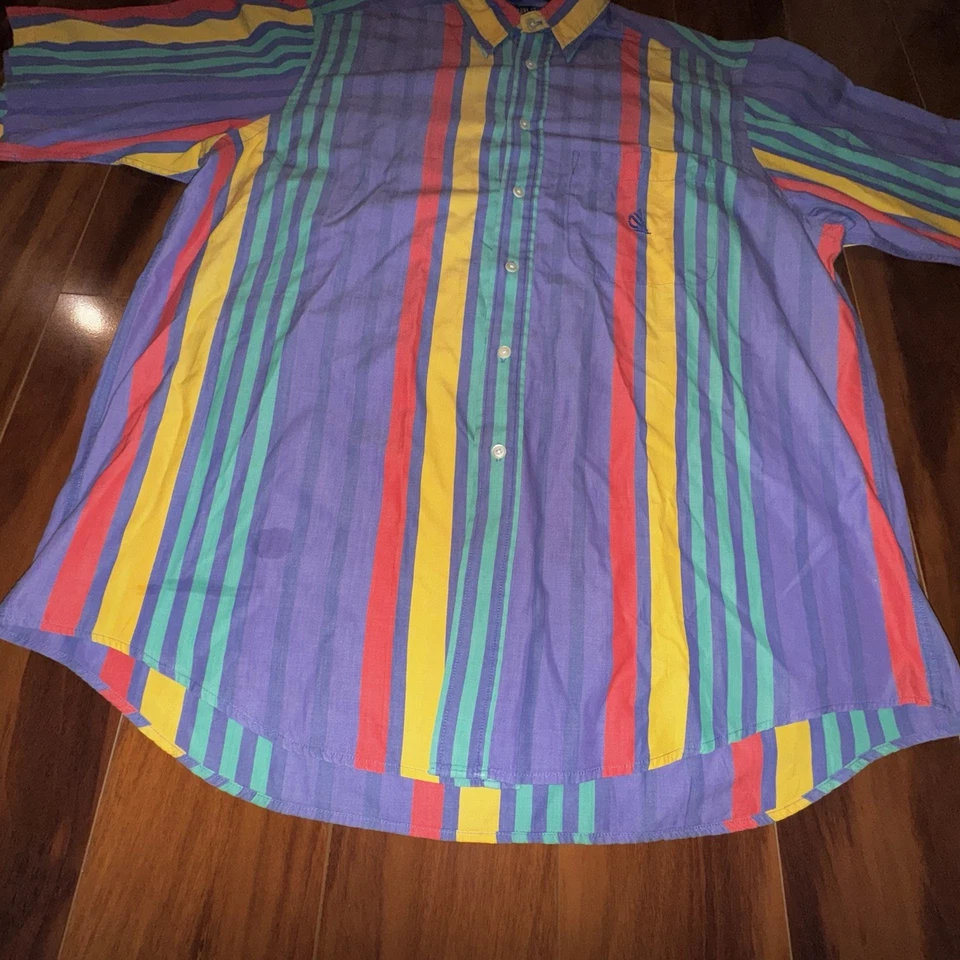 Camisa De Colección Años 90 Nautica Para Hombres Grande Arco Iris Rayas Manga Corta Botón Foto 2 de 4