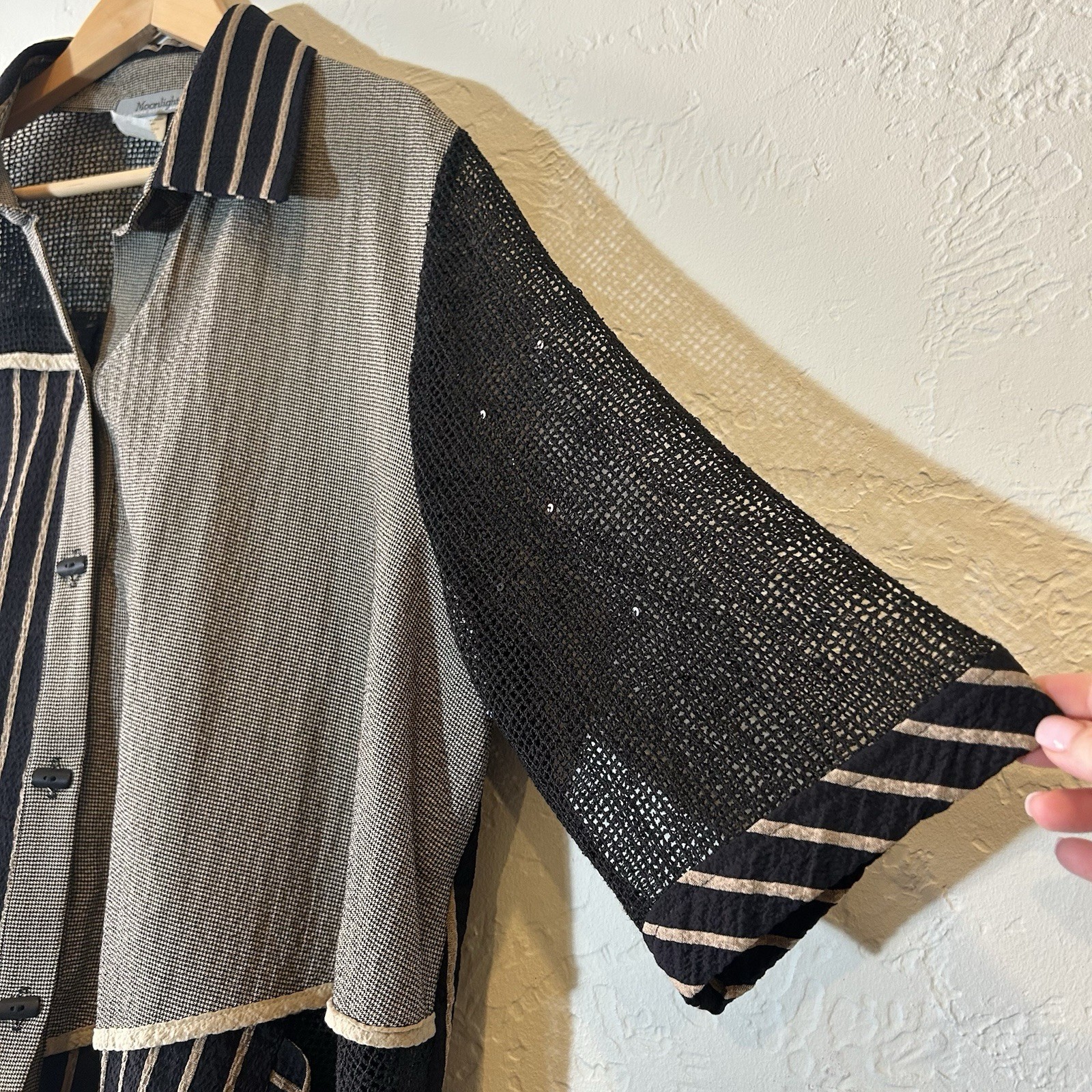 Moonlight XL Mesh Patchwork Button Front Top Blac… - image 5