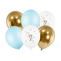 6 Luftballons 1. Geburtstag Junge Weiß Gold Hellblau Helium Party Dekoration