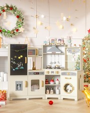 Wooden Kids Corner Play Kitchen Set with Stove  Range Hood w/ Lights  Sounds